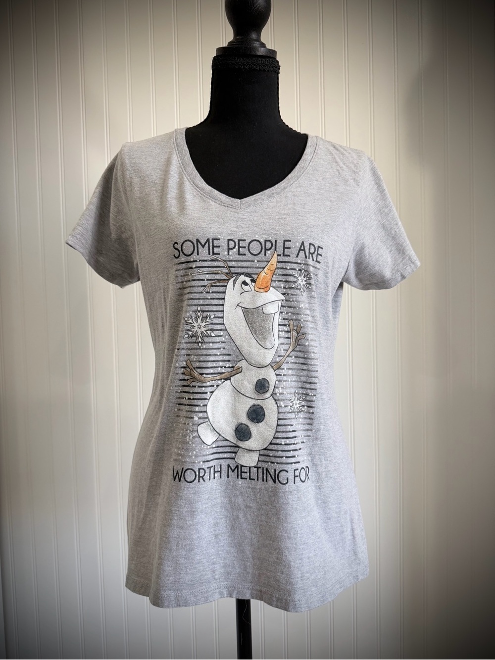 Disney Gray Olaf Graphic V-Neck Women’s Tee - "Worth Melting For"